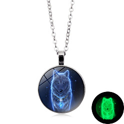 Platinum Luminous Glow in the Dark Glass Wolf Pendant Necklace with Alloy Chains, Platinum, 17.72 inch(45cm)
