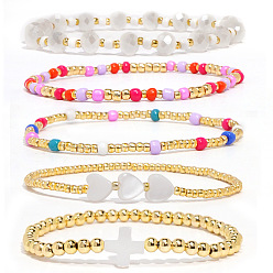 Mixed Color Natural Shell Cross Heart & Glass & Brass Beaded Stretch Bracelet Sets, Adjustable Stackable Bracelets for Women, Golden, Mixed Color, 6.50~6.89 inch(16.5~17.5cm). 5pcs/set