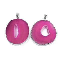 Deep Pink Natural Agate Big Pendants, Oval Charms, Dyed & Heated, with Platinum Plated Brass Findings, Deep Pink, 50~62x33~43x5~7mm, Hole: 7.5x4.5mm