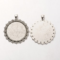 Antique Silver Tibetan Style Alloy Flat Round Pendant Cabochon Settings, Cadmium Free & Lead Free, Antique Silver, 53x45x2mm, Hole: 5x7mm, Tray: 35mm, about 106pcs/kg