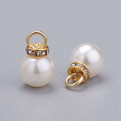 White Acrylic Pearl Pendants, with Crystal Rhinestone and Golden Tone Iron Loop, Round, White, 19.5x12mm, Hole: 4.5mm