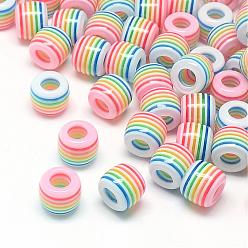 Pink Opaque Stripe Resin European Beads, Large Hole Beads, Barrel, Pink, 12x10.5mm, Hole: 5.5mm