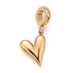Real 18K Gold Plated 304 Stainless Steel European Dangle Charms, Large Hole Pendants, Heart, Real 18K Gold Plated, 27mm, Hole: 5mm, Heart: 16x12.5x3.5mm