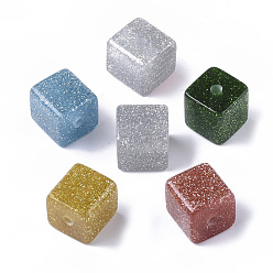 Mixed Color Resin Beads, with Silver Powder, Glitter Beads, Cube, Mixed Color, 16x16x16mm, Hole: 3.5mm