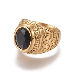 Golden Ion Plating(IP) 304 Stainless Steel Finger Rings, with Faceted Glass, Black, Golden, Size 8~13, 18~23mm