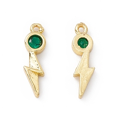 Dark Green Brass Micro Pave Cubic Zirconia Pendants, Real 18K Gold Plated, Lightning, Dark Green, 13.5x4x2mm, Hole: 0.9mm
