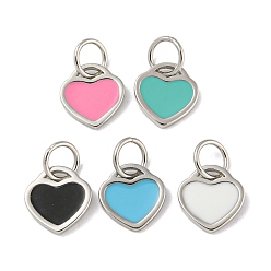 Mixed Color Rack Plating Brass Charms, with Jump Ring and Enamel, Cadmium Free & Lead Free, Long-Lasting Plated, Heart Charm, Platinum, Mixed Color, 10x9.5x1mm, Hole: 4.4mm