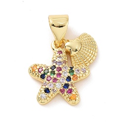 Colorful Brass Micro Pave Cubic Zirconia Charms, Starfish with Shell Shape Charm, Real 18K Gold Plated, Colorful, 13.5x13x2.5mm, Hole: 3x4mm
