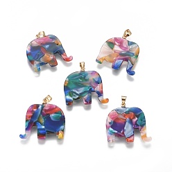 Colorful Resin Pendants, with Brass Finding, Elephant, Golden, Colorful, 27x27x2.5mm, Hole: 4x5mm