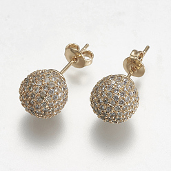 Golden Brass Micro Pave Cubic Zirconia Earring, Ball Stud Earrings, Golden, 9.5mm, Pin: 0.6mm