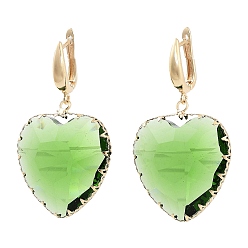 Lime Glass Heart Dangle Hoop Earrings, Light Gold Brass Earrings, Lime, 50x27.5mm
