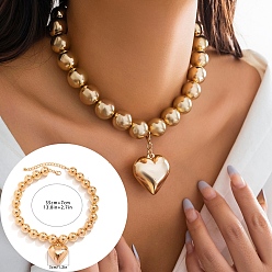 Golden CCB Plastic Heart Pendant Necklace, Collar Necklace with Round Beaded Chains for Women, Golden, 13.78 inch(35cm)