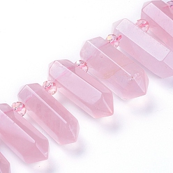 Rose Quartz Natural Rose Quartz Beads Strands, Top Drilled Beads, with Glass Beads, Faceted, Double Terminated Point, 20~60x8~13x10~15mm, Hole: 1.6mm, about 25pcs/Strand, 14.76 inch(37.5cm)