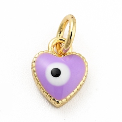 Lilac Rack Plating Brass Enamel Charms, with Jump Rings, Cadmium Free & Lead Free, Real 18K Gold Plated, Heart with Evil Eye, Lilac, 9x7x2.6mm, Hole: 3mm