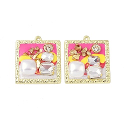 Pink Rack Plating Alloy Enamel Pendants, with Resin, ABS Imitation Pearl Beads, Rhinestone and Glass Beads, Cadmium Free & Nickel Free & Lead Free, Square, Pink, 33x30x6mm, Hole: 1.6mm