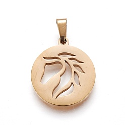 Golden 304 Stainless Steel Pendants, Flat Round with Horse, Golden, 19~20x16~17x1.5mm, Hole: 5x2.5mm