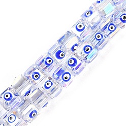 Blue Transparent Glass Beads Strands, with Enamel, AB Color Plated, Square with Evil Eye, Blue, 6~6.5x8~9x6.5~7mm, Hole: 1.6mm, about 50pcs/strand, 12.80~12.99''(32.5~33cm).