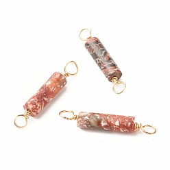 Leopard Skin Jasper Natural Leopard Skin Jasper Connector Charms, with Light Gold Eco-Friendly Copper Wire Wrapped, Column, 22~23.5x4mm, Hole: 2.2~2.4mm