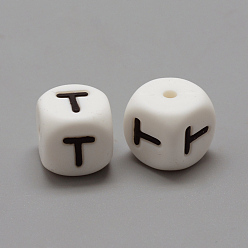 Letter T Food Grade Eco-Friendly Silicone Beads, Chewing Beads For Teethers, DIY Nursing Necklaces Making, Letter Style, Cube, Letter.T, 12x12x12mm, Hole: 2mm