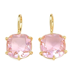 Pink Подвески из латуни и стекла, квадратных амулеты, граненые, долговечный, стойки покрытие, без свинца и без кадмия, розовые, 23.5x13.5x6 мм, отверстие : 7x5.5 мм