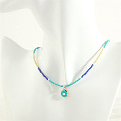 Blue eyes Colorful Glass Bead Necklace with Devil Eye Oil Pendant - Fashionable, Luxurious.