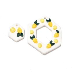 Yellow Handmade Polymer Clay Pendants Sets, Hexagon with Lemon & Strawberry, Yellow, 36x30x5mm, Hole: 1.8mm, 2pcs/set
