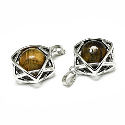 Tiger Eye Natural Tiger Eye Pendants, with Platinum Plated Brass Findings, Star of David, 19x15x10.5mm, Hole: 2.5x4.5mm