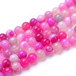 Hot Pink Natural Striped Agate/Banded Agate Bead Strands, Dyed, Round, Hot Pink, 8mm, Hole: 1mm, about 50pcs/strand, 15.7 inch