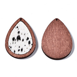 Black Eco-Friendly Cowhide Leather Pendants, with Dyed Wood, Teardrop with Leopard Print, Black, 46x32.5x4mm, Hole: 1.2mm