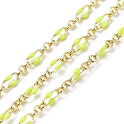 Yellow Green Enamel Oval Link Chains, with Real 18K Gold Plated Brass Findings, Soldered, with Spool, Yellow Green, 4x7x1mm