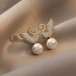 Cygne Boucles d'oreilles en alliage de strass pour femmes, avec perles d'imitation et épingle en argent sterling, cygne, 925mm