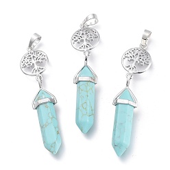 Synthetic Turquoise Synthetic Turquoise Pointed Big Pendants, with Platinum Plated Brass Findings, Faceted, Bullet & Tree of Life, 59~67x14~15mm, Hole: 7x5mm