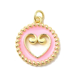Pink Латунь эмаль подвески, плоские круглые подвески с полыми сердечками, без свинца и без кадмия, долговечный, стойки покрытие, реальный 18 k позолоченный, розовые, 20.5~21x18x2.5 мм, отверстие : 3.4 мм