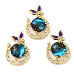 Cyan Rack Plating Brass Pave Clear Cubic Zirconia Pendants, Moon with Butterfly Charms with Epoxy Resin, Real 18K Gold Plated, Long-Lasting Plated, Cadmium Free & Lead Free, Cyan, 22.5x16x6mm, Hole: 2.5x5.5mm
