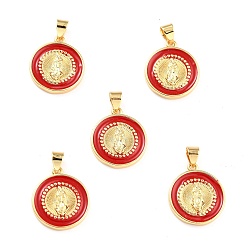 FireBrick Brass Enamel Pendants, Cadmium Free & Lead Free, Long-Lasting Plated, Flat Round with Virgin Mary, Real 18K Gold Plated, FireBrick, 18x16x2.5mm, Hole: 4.5x3.5mm