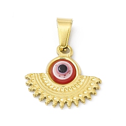 FireBrick Vacuum Plating 304 Stainless Steel Resin Pendants, Golden, Fan Charms with Evil Eye, FireBrick, 16x18.5x4mm, Hole: 6.5x3mm