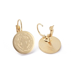 Golden Religion Theme 304 Stainless Steel Leverback Earrings, Hypoallergenic Earrings, Flat Round with Jesus, Golden, 24mm, Pin: 0.7