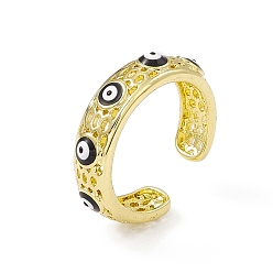 Black Enamel Evil Eye Open Cuff Ring, Real 18K Gold Plated Brass Hollow Out Hexagon Finger Ring for Women, Cadmium Free & Lead Free, Black, US Size 7 1/2(17.7mm)