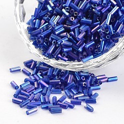 Blue Glass Bugle Beads, Transparent Colours Rainbow, Blue, 3~5x1.8~2mm, Hole: 0.8mm, about 12000pcs/450g