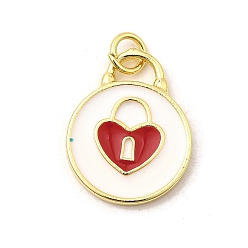 Белый Латунь эмаль подвески, плоский круглый с подвесками-замками, реальный 18 k позолоченный, с целью перехода в кольце, без свинца и без кадмия, долговечный, стойки покрытие, белые, 19x15x2 мм, отверстие : 3.4 мм