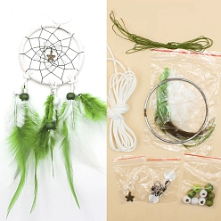 Medium Spring Green Iron Woven Web/Net with Feather Pendant Decorations, with Wood Beads, Covered with Cotton Lace and Villus Cord, Flat Round, Medium Spring Green, 80mm