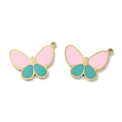Pink Ion Plating(IP) 304 Stainless Steel Pendants, with Enamel, Butterfly Charm, Golden, Pink, 16.5x21x1.5mm, Hole: 1.6mm