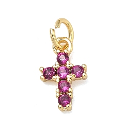 Средний Фиолетово-красный Латунные микро проложить кубического циркония подвески, крест прелести, без свинца и без кадмия, стойки покрытие, долговечный, реальный 18 k позолоченный, средне фиолетовый красный, 12x7.5x2.5 мм, Перейти кольцо: 5x0.9 мм, 3.2 мм внутренним диаметром