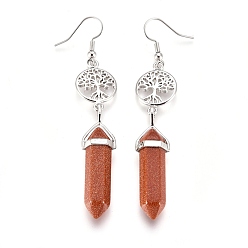 Goldstone Pointed Bullet Synthetic Goldstone Dangle Earrings, with Brass Earring Hooks and Flat Round with Tree of Life Links, Platinum, 76mm, Pin: 0.7mm