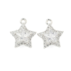 Серебро Латунные микропаве прозрачные подвески с фианитом, звезда, серебряные, 16x13.5x6 мм, отверстие : 1.4 мм