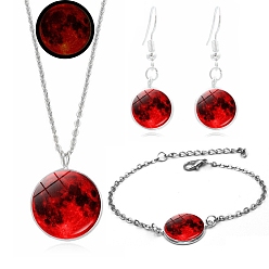 Dark Red Alloy & Glass Moon Effect Luminous Jewerly Sets, Including Bracelets, Earring and Necklaces, Dark Red