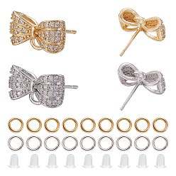 Platinum & Golden 2Pairs 2 Color Brass Micro Pave Cubic Zirconia Earring Findings with Loop, with 20Pcs Brass Jump Rings, 10Pcs Plastic Ear Nuts, Bowknot, Platinum & Golden, 8x15x5mm, Hole: 1.7mm, Pin: 0.8mm, 1Pair/color