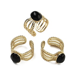 Black Onyx Овальные кольца на палец из натурального черного оникса, ионное покрытие (ip) 304 манжеты из нержавеющей стали для женщин, регулируемый, 6 шт / комплект