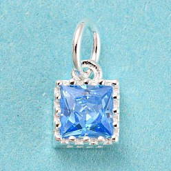 Cornflower Blue 925 Sterling Silver Charms, with Cubic Zirconia, Faceted Square, Silver, Cornflower Blue, 7x5x3mm, Hole: 3mm