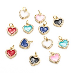 Mixed Color Brass Micro Pave Clear Cubic Zirconia Pendants, with Enamel, Real 18K Gold Plated, Long-Lasting Plated, Heart, Mixed Color, 12x11x2mm, Hole: 3.2mm